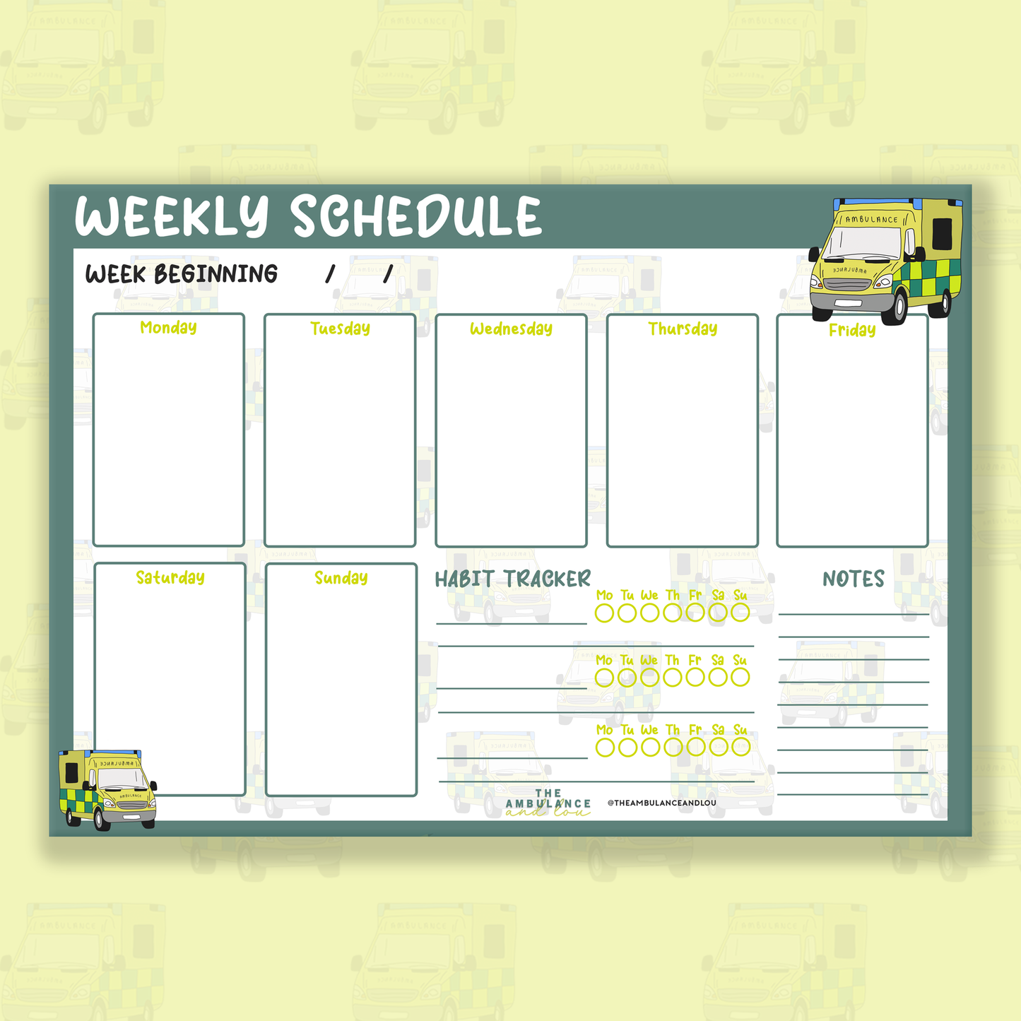 ‘Weekly Schedule’ Weekday/Habit Tracker Ambulance Notepad